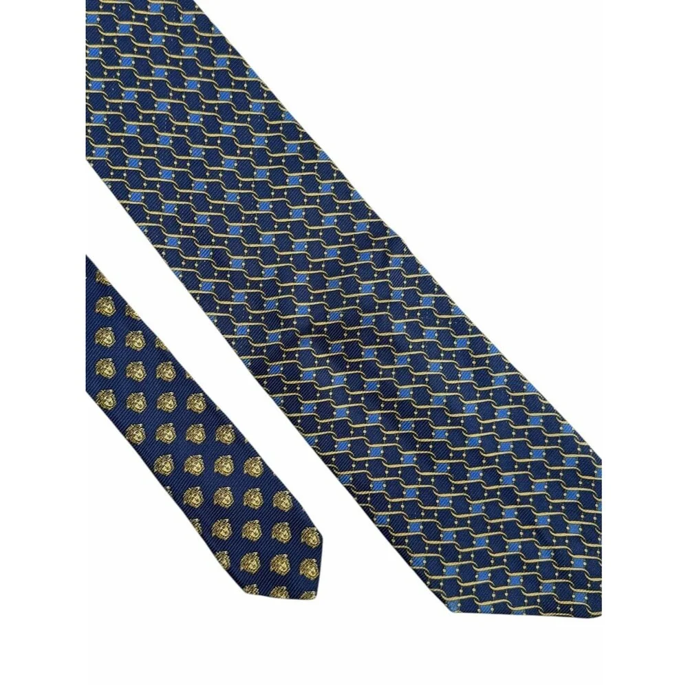 Gianni Versace Navy Gold Medusa Silk Tie Geometric Chain Pattern Italy Necktie